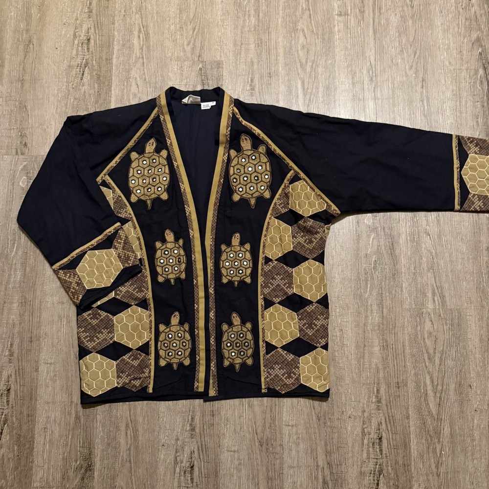 Women’s Black Kimono Jacket with Gold Turtle Embroidery